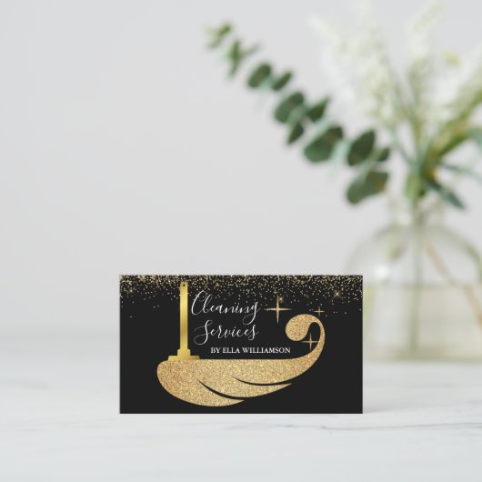 Elegant Gold Black Housekeeping CleanService Visitekaartje (Staand voorkant)