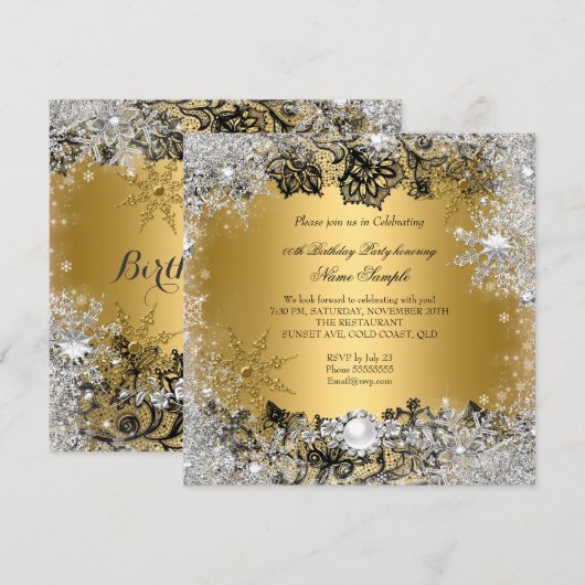 Elegant Gold Black Lace Silver Snowflake Birthday Kaart (Voorkant / Achterkant)
