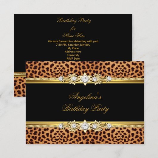 Elegant Gold Black Leopard Birthday Party Kaart (Voorkant / Achterkant)