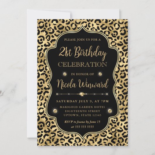 Elegant Gold & Black Leopard Print Birthday Party Kaart (Voorkant)