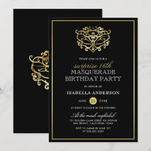 Elegant Gold & Black Masquerade Surprise Party Kaart