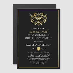 Elegant Gold & Black Masquerade Surprise Party Magnetische Uitnodiging
