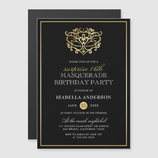 Elegant Gold & Black Masquerade Surprise Party Magnetische Uitnodiging (Voorkant / Achterkant)