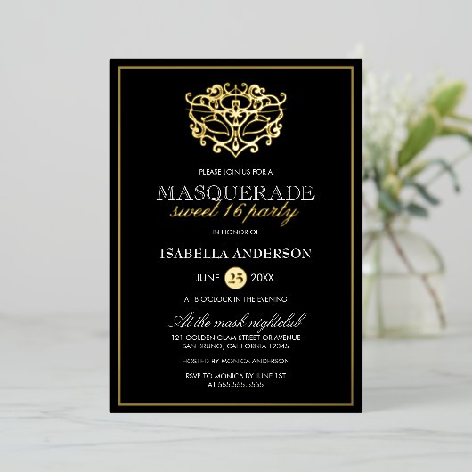 Elegant Gold & Black Masquerade Sweet 16 Party Folie Uitnodiging (Staand Voorkant)