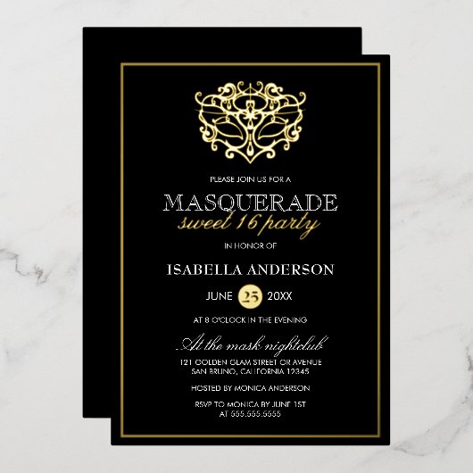 Elegant Gold & Black Masquerade Sweet 16 Party Folie Uitnodiging (Voorkant / Achterkant)