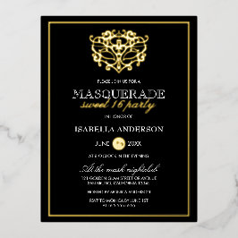 Elegant Gold & Black Masquerade Sweet 16 Party Folie Uitnodiging Briefkaart