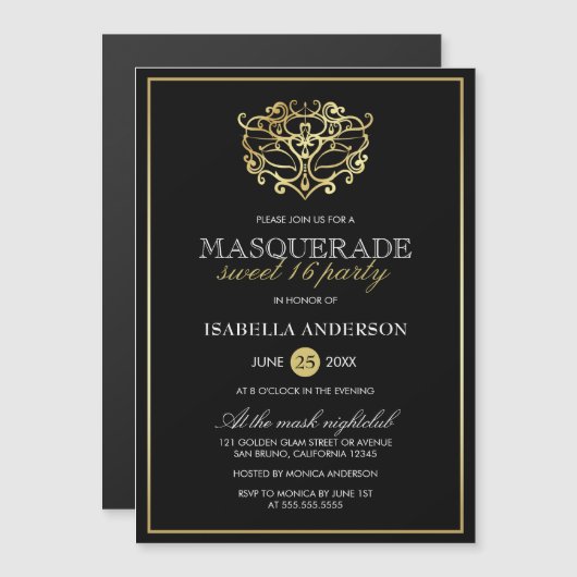 Elegant Gold & Black Masquerade Sweet 16 Party Magnetische Uitnodiging (Voorkant / Achterkant)