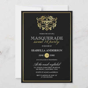Elegant Gold & Black Masquerade Sweet 16 Party Magnetische Uitnodiging