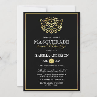 Elegant Gold & Black Masquerade Sweet 16 Party Magnetische Uitnodiging