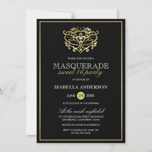 Elegant Gold & Black Masquerade Sweet 16 Party Magnetische Uitnodiging (Voorkant)