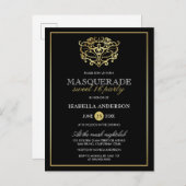 Elegant Gold & Black Masquerade Sweet 16 Party Uitnodiging Briefkaart (Voorkant / Achterkant)