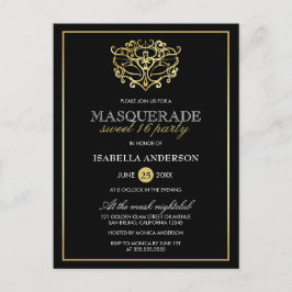 Elegant Gold & Black Masquerade Sweet 16 Party Uitnodiging Briefkaart