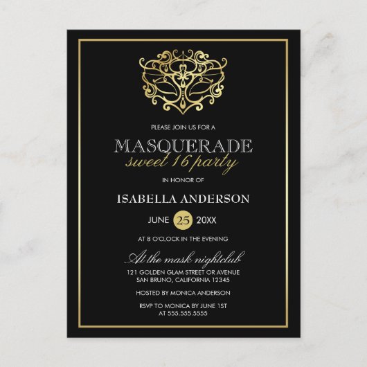 Elegant Gold & Black Masquerade Sweet 16 Party Uitnodiging Briefkaart (Voorkant)