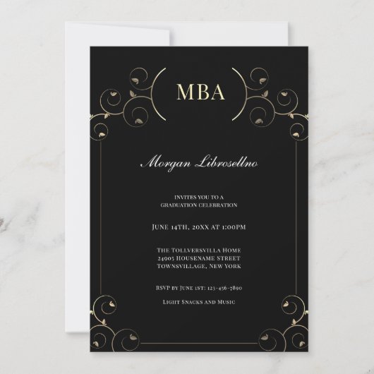 Elegant Gold Black MBA Graduparty Invitation Kaart (Voorkant)