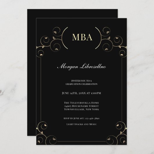 Elegant Gold Black MBA Graduparty Invitation Kaart (Voorkant / Achterkant)