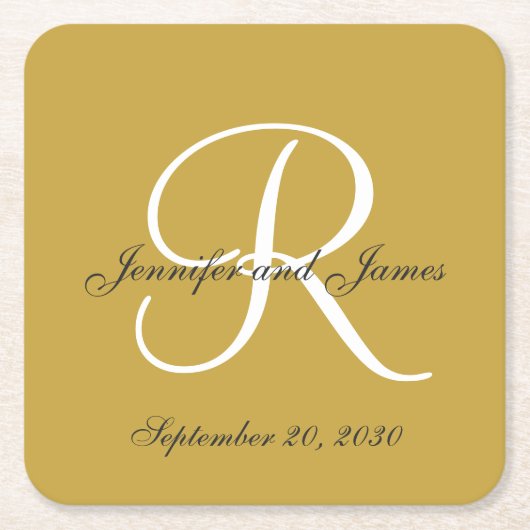 Elegant Gold Black Monogram Names Wedding Favor Kartonnen Onderzetters (Voorkant)