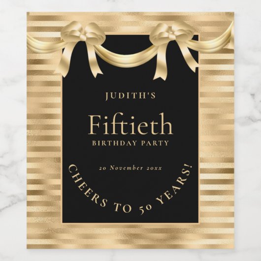 Elegant Gold Black Name 50th Birthday Party Wijn Etiket (Enkel label)