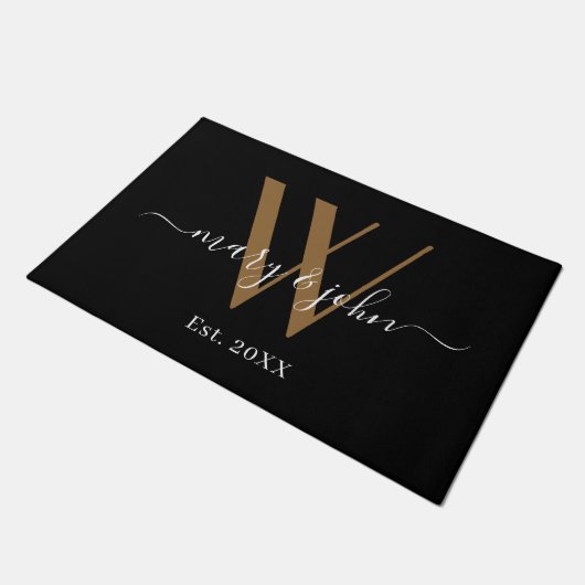 Elegant Gold Black Names Script Monogram Weddensch Deurmat (Schuin)