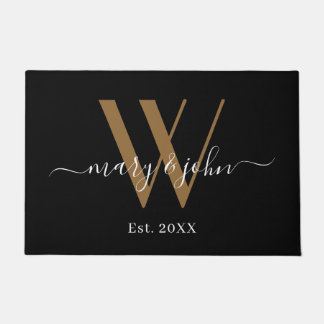 Elegant Gold Black Names Script Monogram Weddensch Deurmat