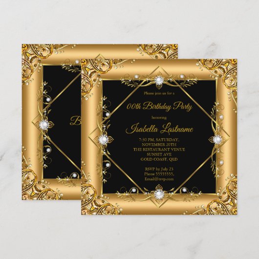 Elegant Gold Black Pearl Birthday Party Kaart (Voorkant / Achterkant)