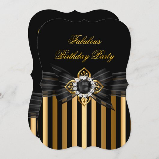 Elegant Gold Black Pearl Bow Stripe Birthday Party Kaart (Voorkant / Achterkant)