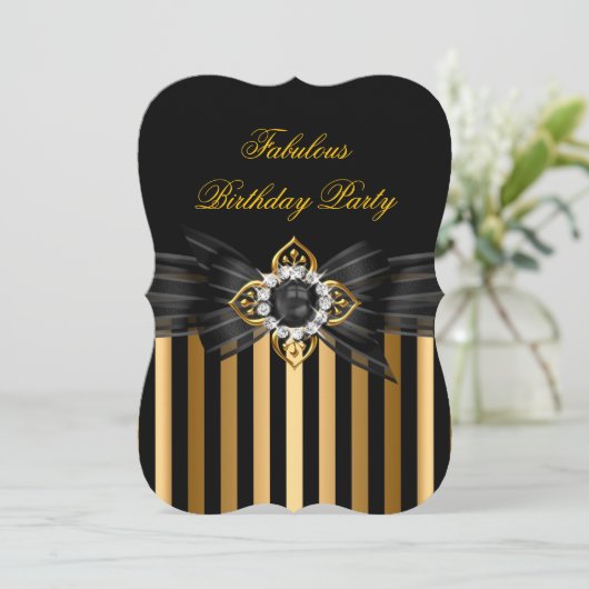 Elegant Gold Black Pearl Bow Stripe Birthday Party Kaart (Staand voorkant)
