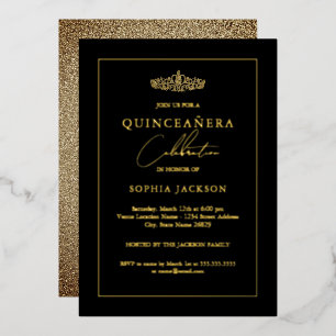 Elegant Gold Black Quinceanera 15th Folie Uitnodiging