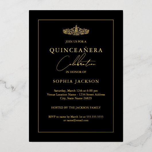 Elegant Gold Black Quinceanera 15th Folie Uitnodiging (Voorkant)