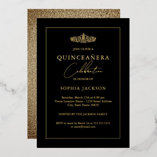 Elegant Gold Black Quinceanera 15th Folie Uitnodiging (Voorkant / Achterkant)