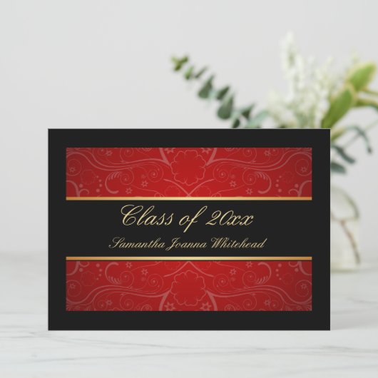 Elegant Gold/Black/Red Swirl College-graad Kaart (Staand voorkant)