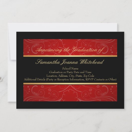 Elegant Gold/Black/Red Swirl College-graad Kaart (Achterkant)