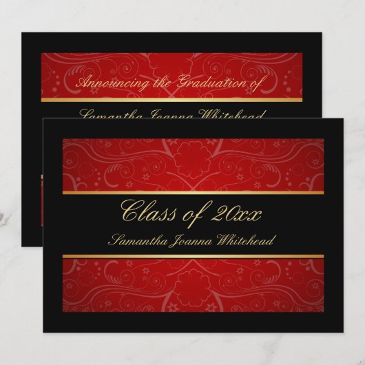 Elegant Gold/Black/Red Swirl College-graad Kaart (Voorkant / Achterkant)