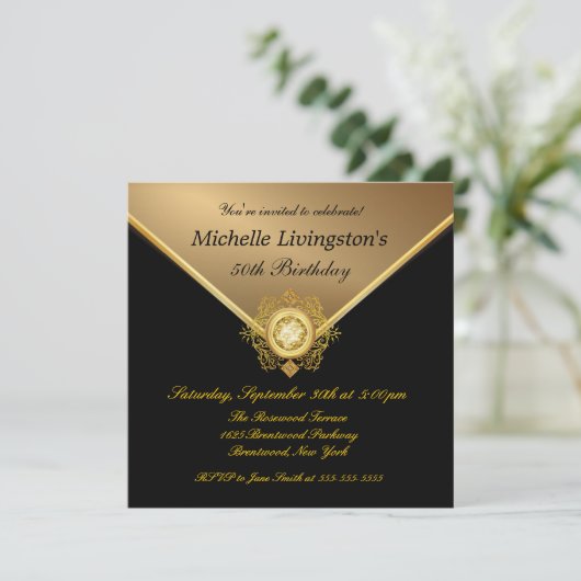 Elegant Gold Black Rhinestone Birthday Invitations Kaart (Staand voorkant)
