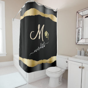 Elegant Gold Black, Roos op monogram op maat Douchegordijn