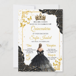 Elegant Gold Black Royal Quinceañera Invite Kaart