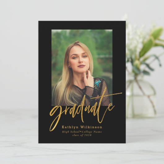 Elegant Gold Black Script 5 Photo Collage Afstudee Kaart (Staand voorkant)