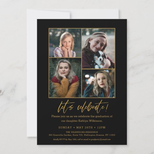 Elegant Gold Black Script 5 Photo Collage Afstudee Kaart (Achterkant)