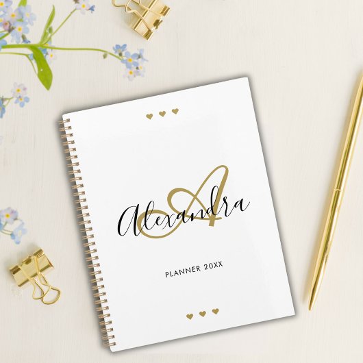 Elegant Gold Black Script Initiaal Naam Monogram Planner
