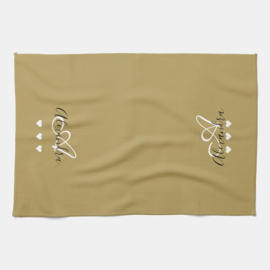 Elegant Gold Black Script Naam Monogram Theedoek (Horizontaal)