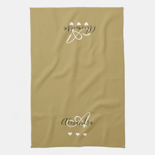 Elegant Gold Black Script Naam Monogram Theedoek (Verticaal)