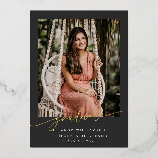 Elegant Gold Black Script Overlay Photo Afstuderen Folie Uitnodiging (Voorkant)