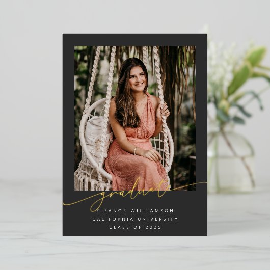 Elegant Gold Black Script Overlay Photo Afstuderen Folie Uitnodiging (Staand Voorkant)