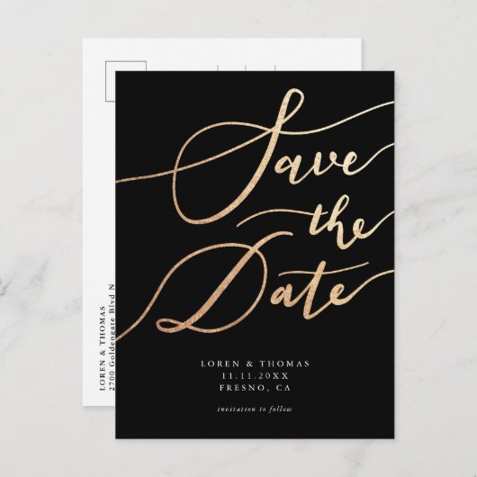 Elegant Gold Black Script Weduwen slaan de datum o Aankondigingskaart (Voorkant / Achterkant)
