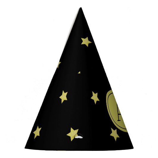 Elegant Gold & Black Star Pattern Monogram Feesthoedjes (Links)