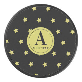 Elegant Gold & Black Star Pattern Monogram Hockey Puck