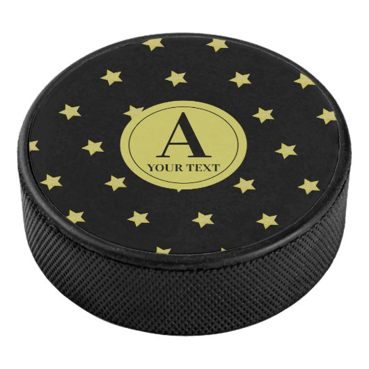 Elegant Gold & Black Star Pattern Monogram Hockey Puck (3/4)