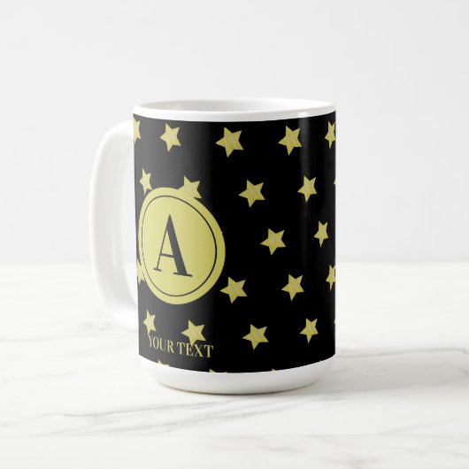 Elegant Gold & Black Star Pattern Monogram Koffiemok (Voorkant links)