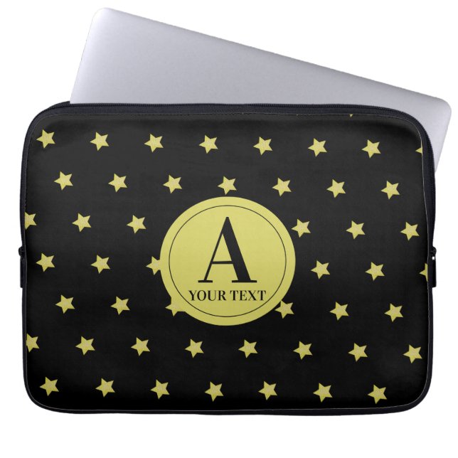 Elegant Gold & Black Star Pattern Monogram Laptop Sleeve (Voorkant)