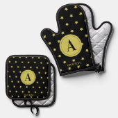 Elegant Gold & Black Star Pattern Monogram Ovenwant & Pannenlap Set (Voorkant / Achterkant)