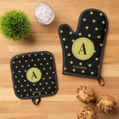 Elegant Gold & Black Star Pattern Monogram Ovenwant & Pannenlap Set (Top down)